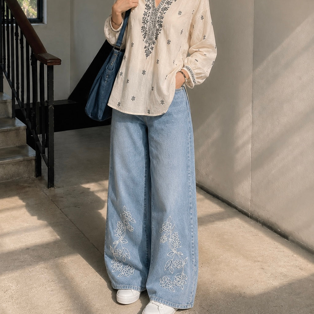 Women's Rhinestone Floral Print Wide Leg Jeans