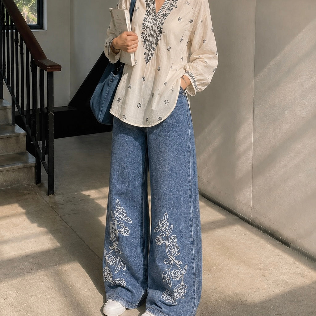 Women's Rhinestone Floral Print Wide Leg Jeans