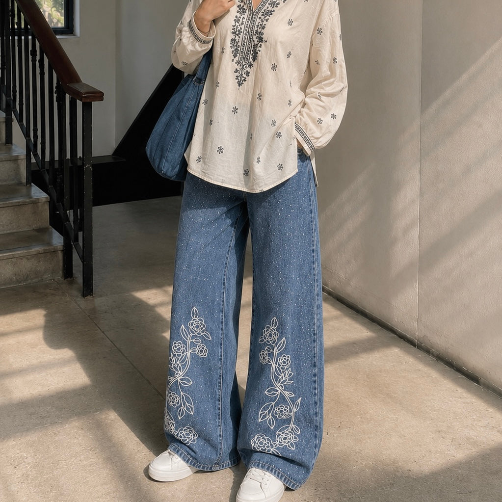 Women's Rhinestone Floral Print Wide Leg Jeans