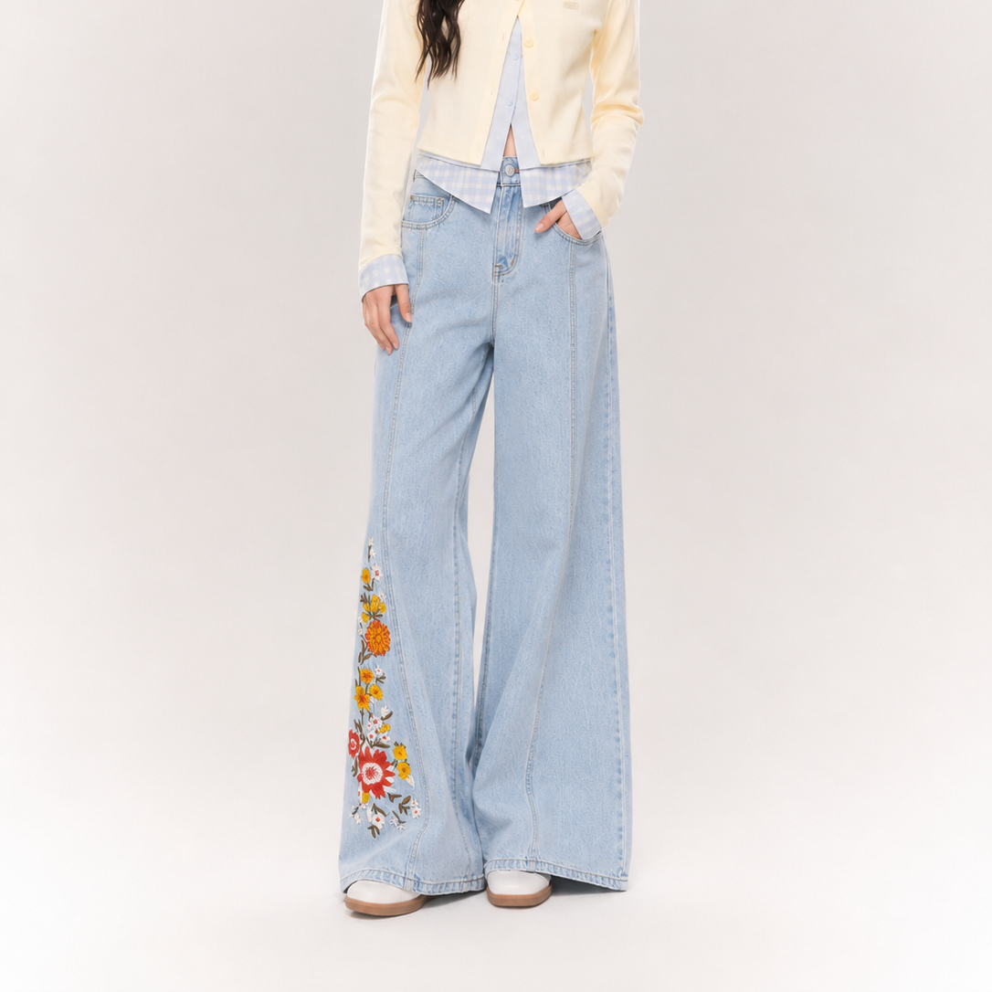 Women's Red Blossom Embroidery Wide Leg Jeans