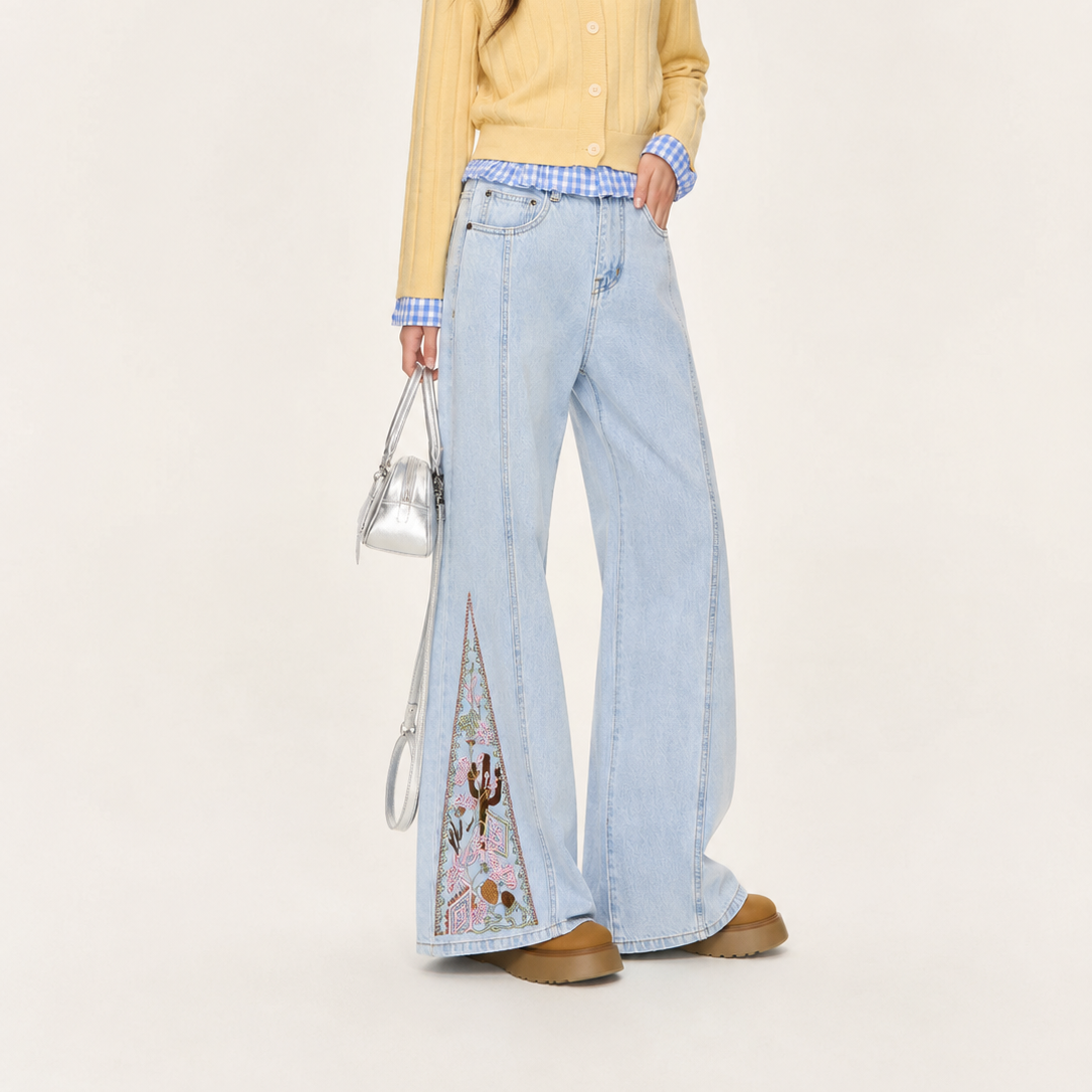 Women's Floral Panel Embroidery Wide-Leg Jeans