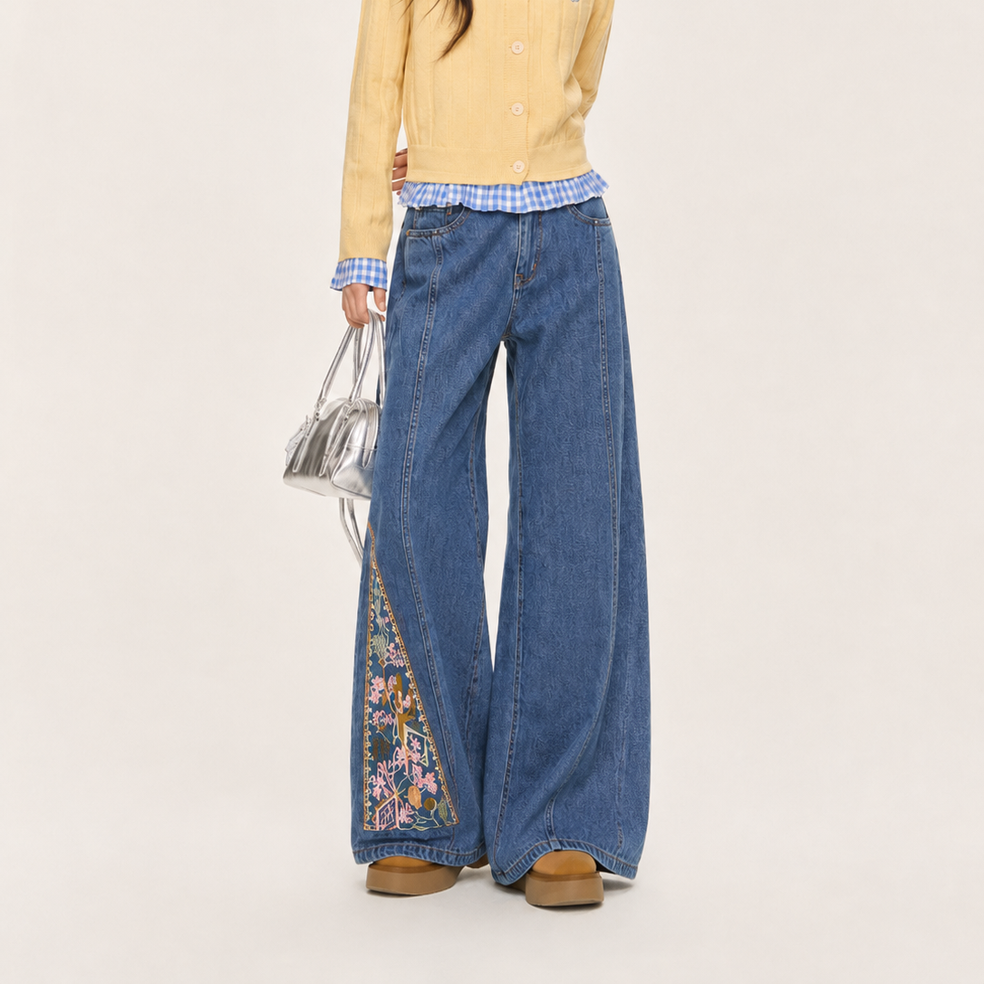 Women's Floral Panel Embroidery Wide-Leg Jeans